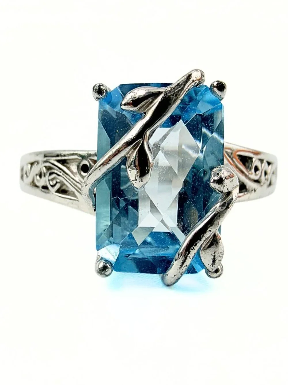 Art Nouveau Revival Marked Sterling Silver  Blue Lab Sapphire Rectangle Ring Sz9